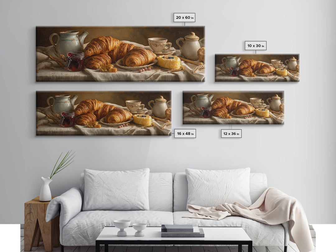 Fresh Croissants and Jam on a Linen Canvas Print, Bed and Breakfast Art, Bedroom Wall Art, Living Room Decor, Abstract Art, BAB-3x1-66
