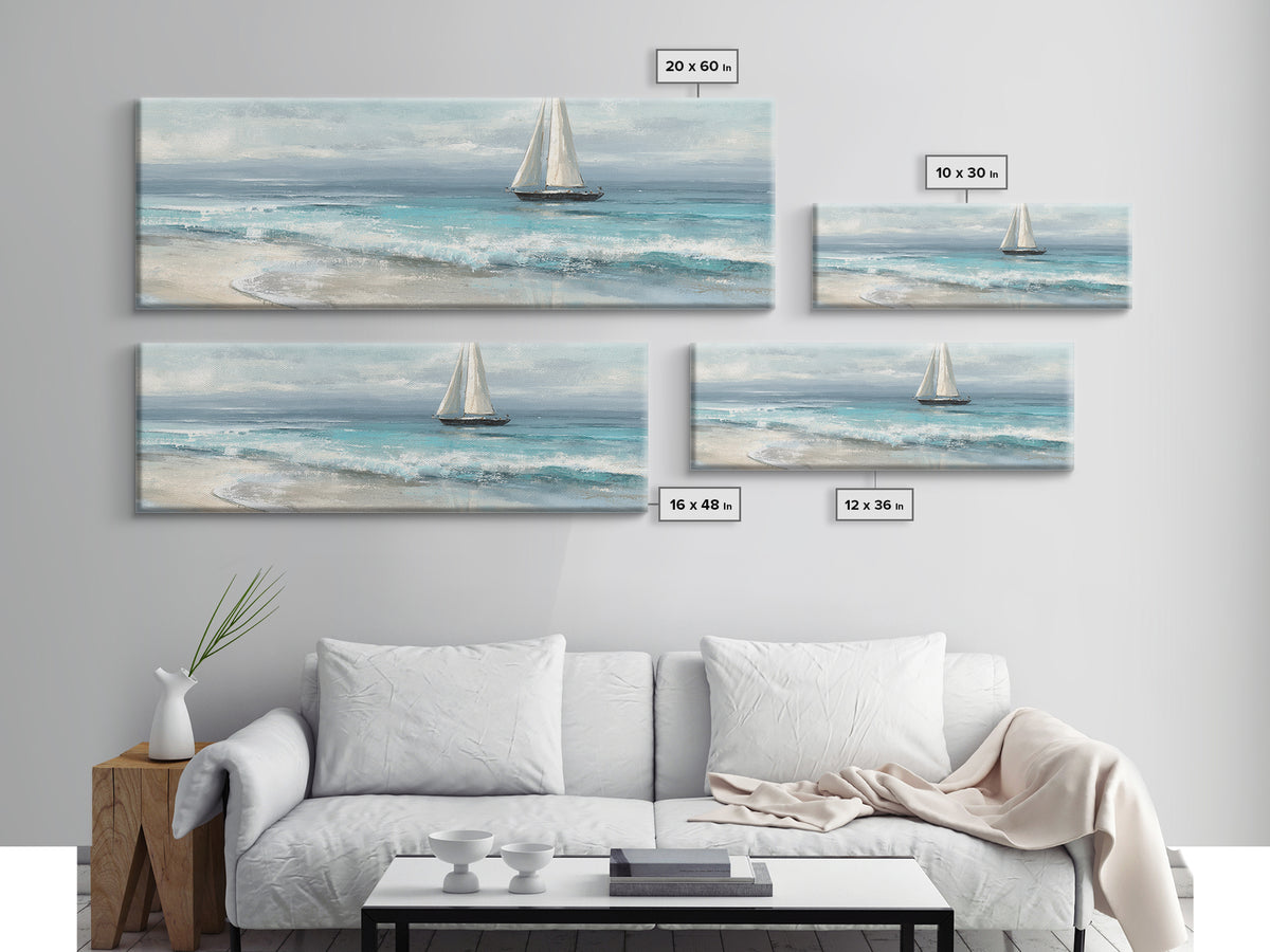Coastal Inn Sailboat at Sunrise Framed Canvas Print, Bed and Breakfast Art, Folk Art, Living Room Decor, Fine Art, BAB-3x1-81
