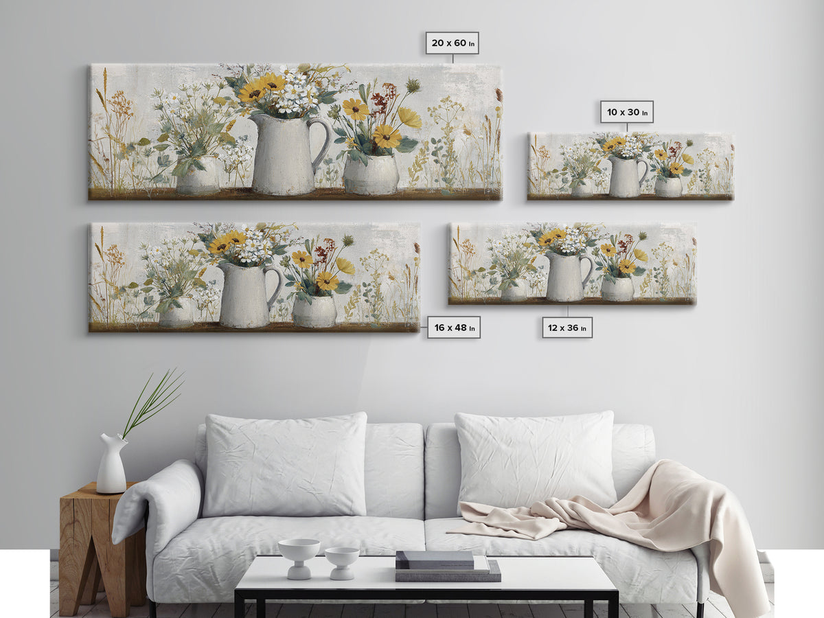 Country Wildflowers in a Chipped Ceramic Pitcher Canvas Print, Bed and Breakfast Art, Boho Decor, Living Room Decor, BAB-3x1-89