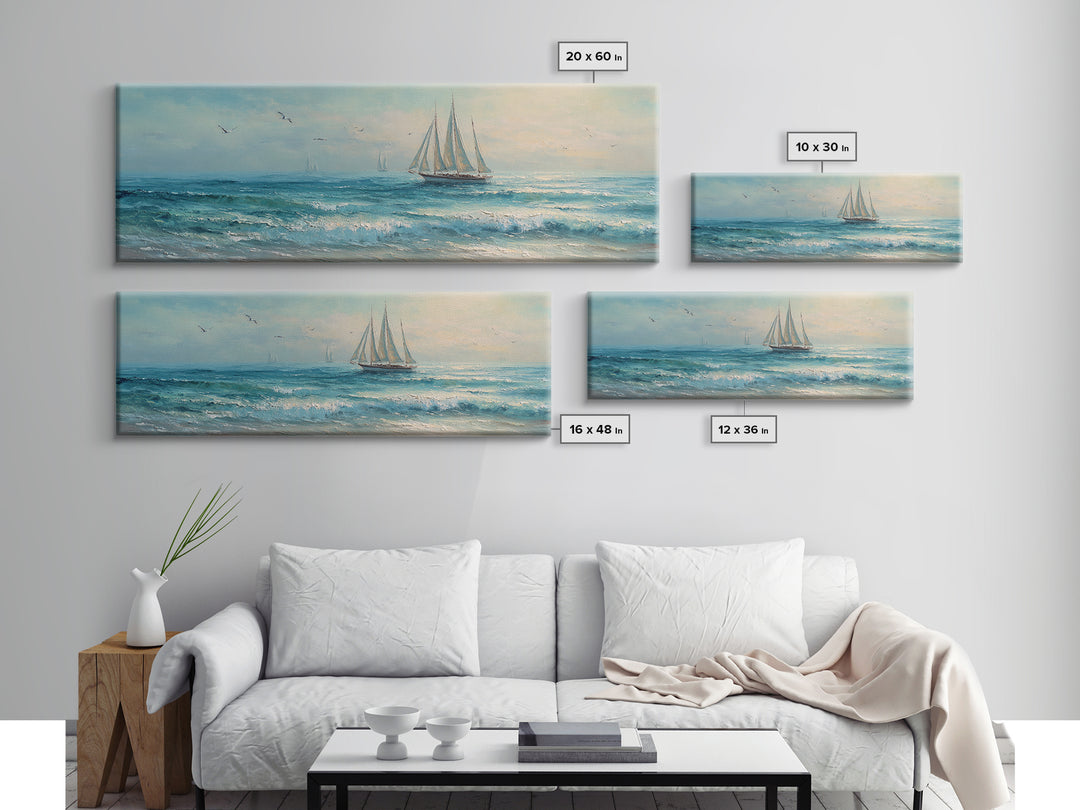 Coastal Inn Sailboat at Sunrise Framed Canvas Print, Bed and Breakfast Art, Dopamine Decor, Living Room Decor, Fine Art, BAB-3x1-9