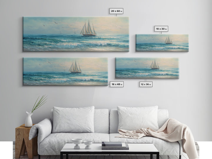 Coastal Inn Sailboat at Sunrise Framed Canvas Print, Bed and Breakfast Art, Dopamine Decor, Living Room Decor, Fine Art, BAB-3x1-9