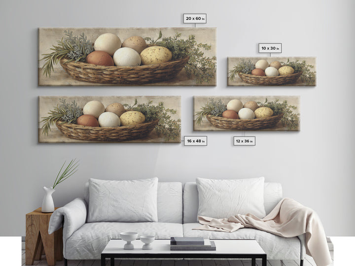 Fresh Eggs in a Woven Basket with Canvas Print, Bed and Breakfast Art, Coffee Art, Living Room Decor, Watercolor Art, BAB-3x1-94