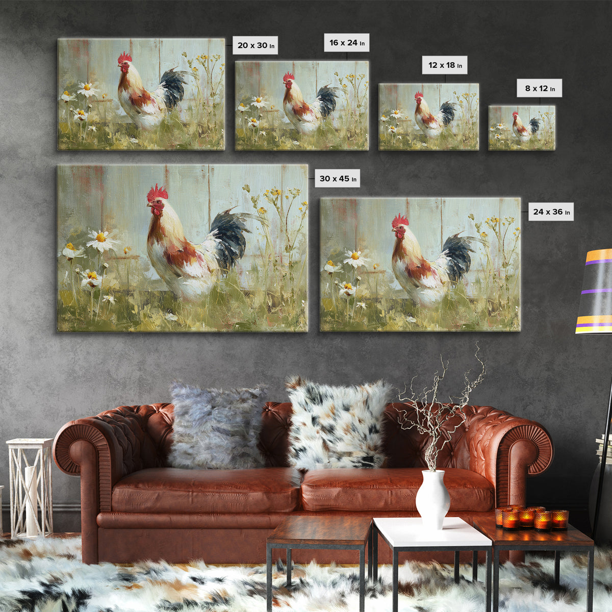 Rooster and Wildflower Country Portrait Canvas Print, Bed and Breakfast Art, Coffee Wall Art, Living Room Decor, BAB-3x2-23