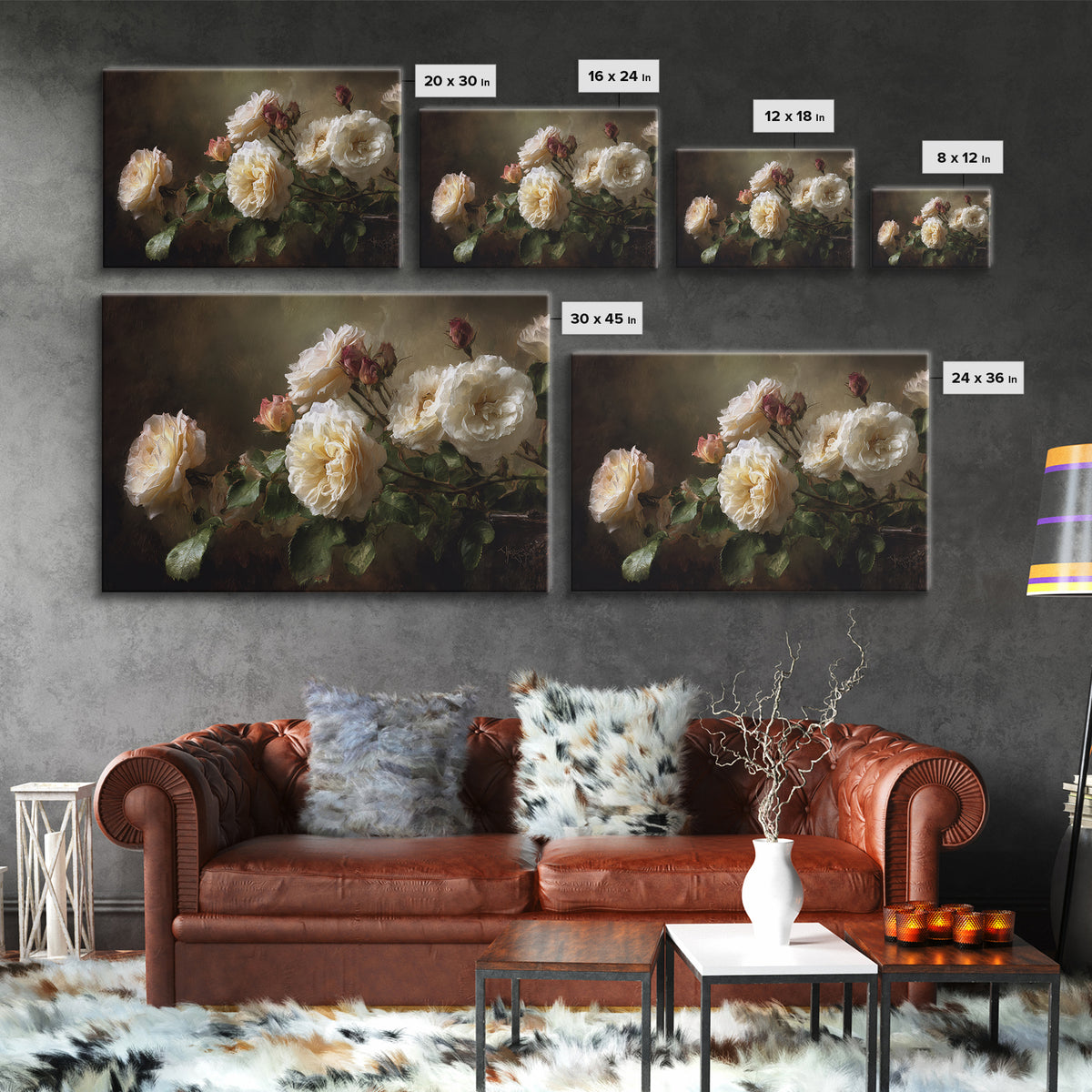 Garden Roses in Romantic Oil Paint Framed Canvas Print, Bed and Breakfast Art, Bedroom Prints, Living Room Decor, Fine Art, BAB-3x2-25