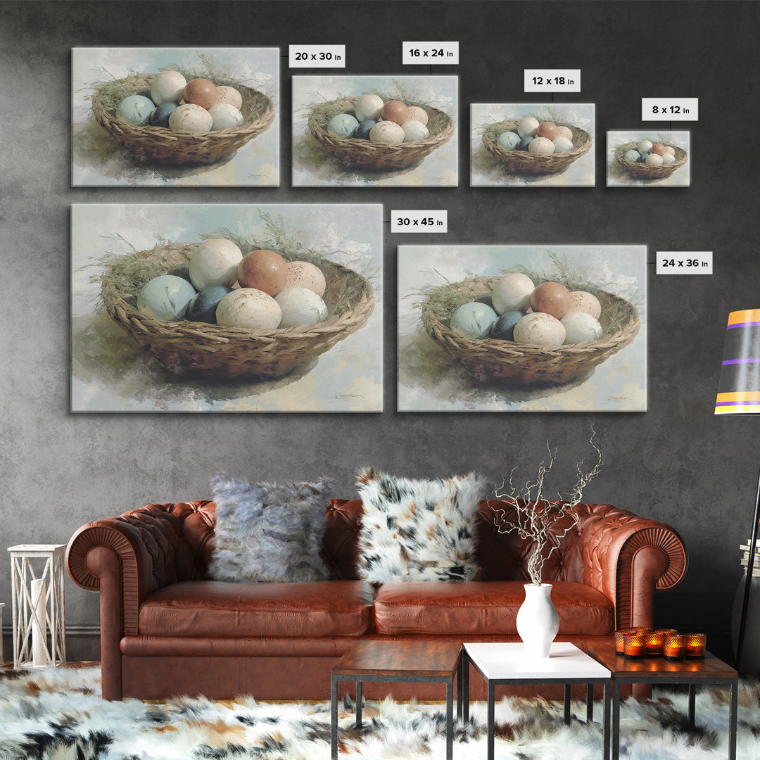 Fresh Eggs in a Woven Basket with Canvas Print, Bed and Breakfast Art, Coffee Art, Living Room Decor, Watercolor Art, BAB-3x2-34