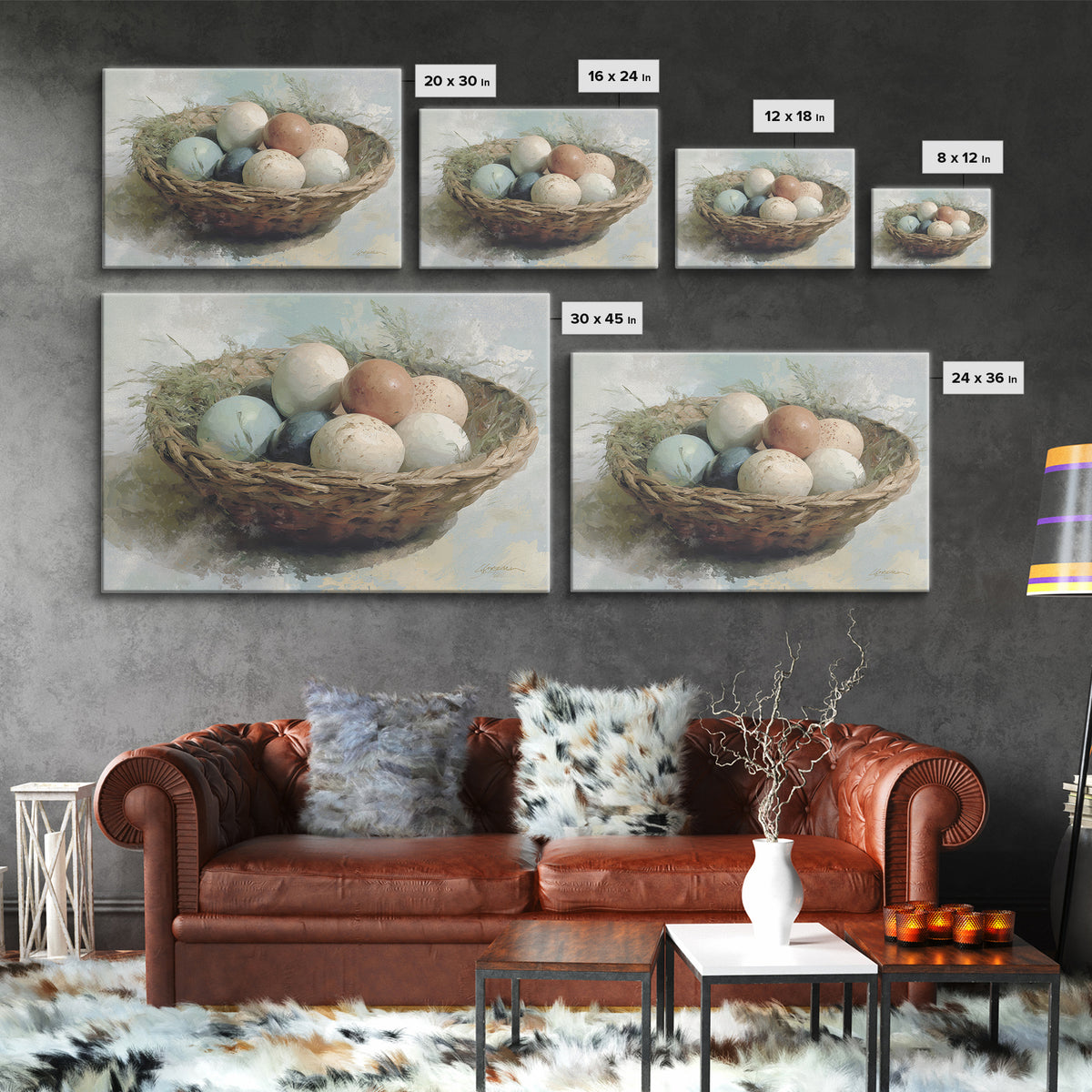 Fresh Eggs in a Woven Basket with Canvas Print, Bed and Breakfast Art, Coffee Art, Living Room Decor, Watercolor Art, BAB-3x2-34