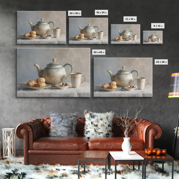 Porcelain Teapot and Scones Framed Canvas Print, Bed and Breakfast Art, Bedroom Art, Living Room Decor, Oil Painting, BAB-3x2-40