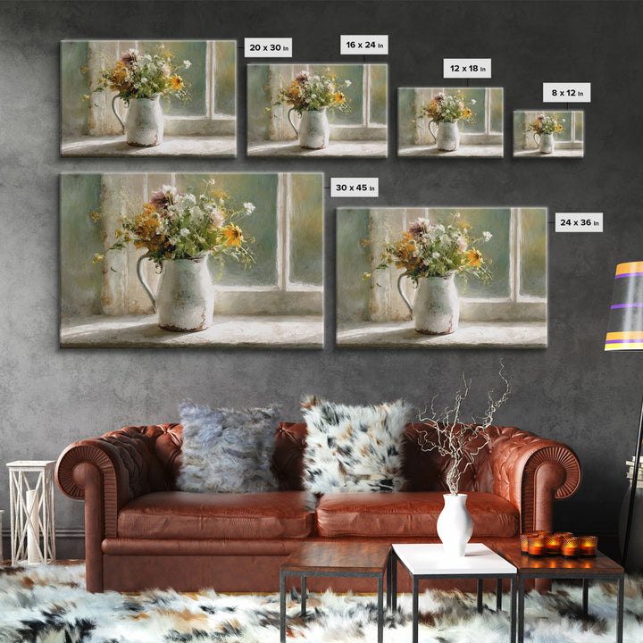 Country Wildflowers in a Chipped Ceramic Pitcher Canvas Print, Bed and Breakfast Art, Coffee Wall Art, Living Room Decor, BAB-3x2-5