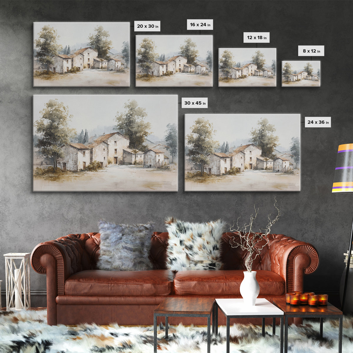 Soft Watercolor Village Street at Dawn Canvas Print, Bed and Breakfast Art, Folk Art, Living Room Decor, Fine Art, BAB-3x2-57