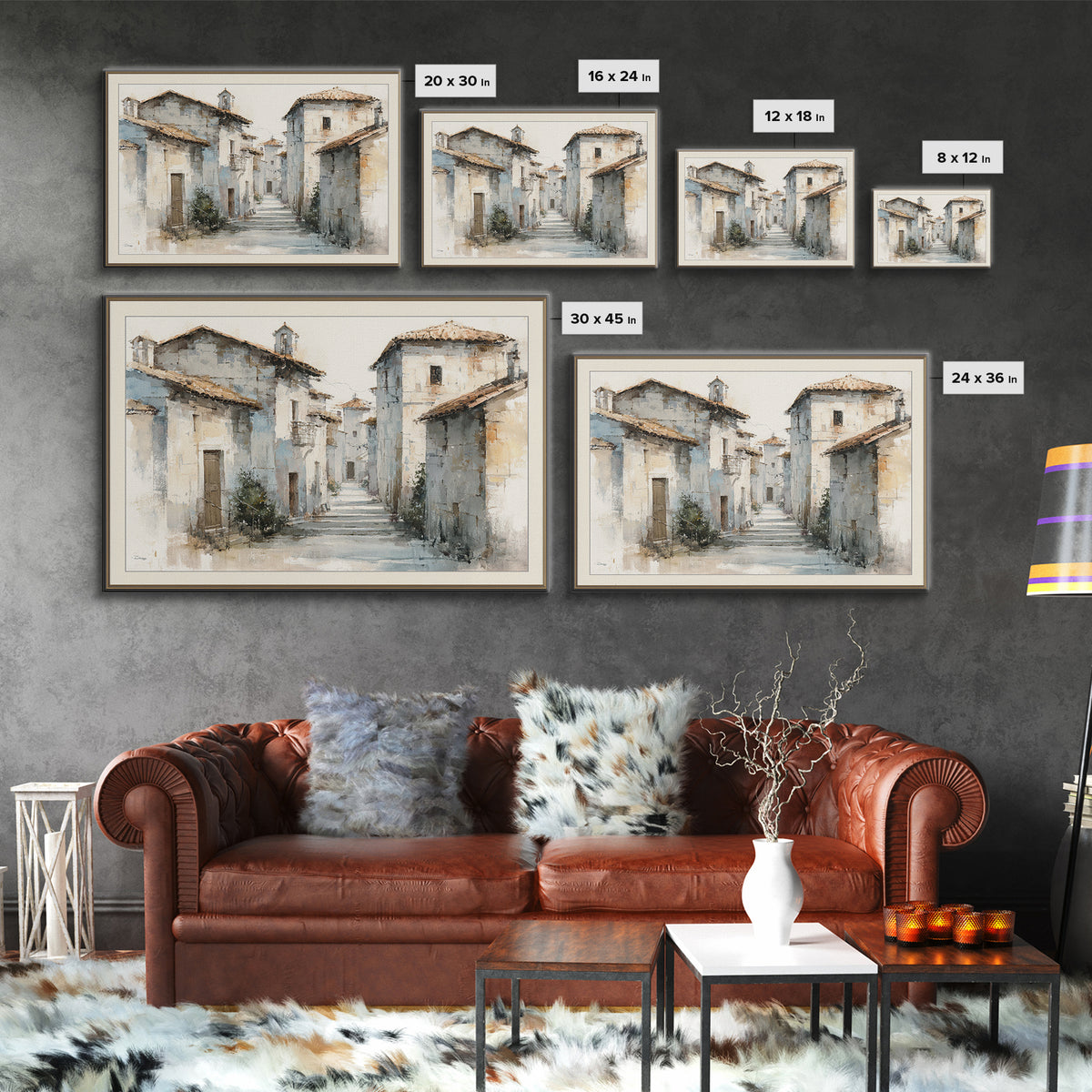 Soft Watercolor Village Street at Dawn Framed Canvas Print, Bed and Breakfast Art, Fine Art Print, Living Room Decor, Fine Art, BAB-3x2-81