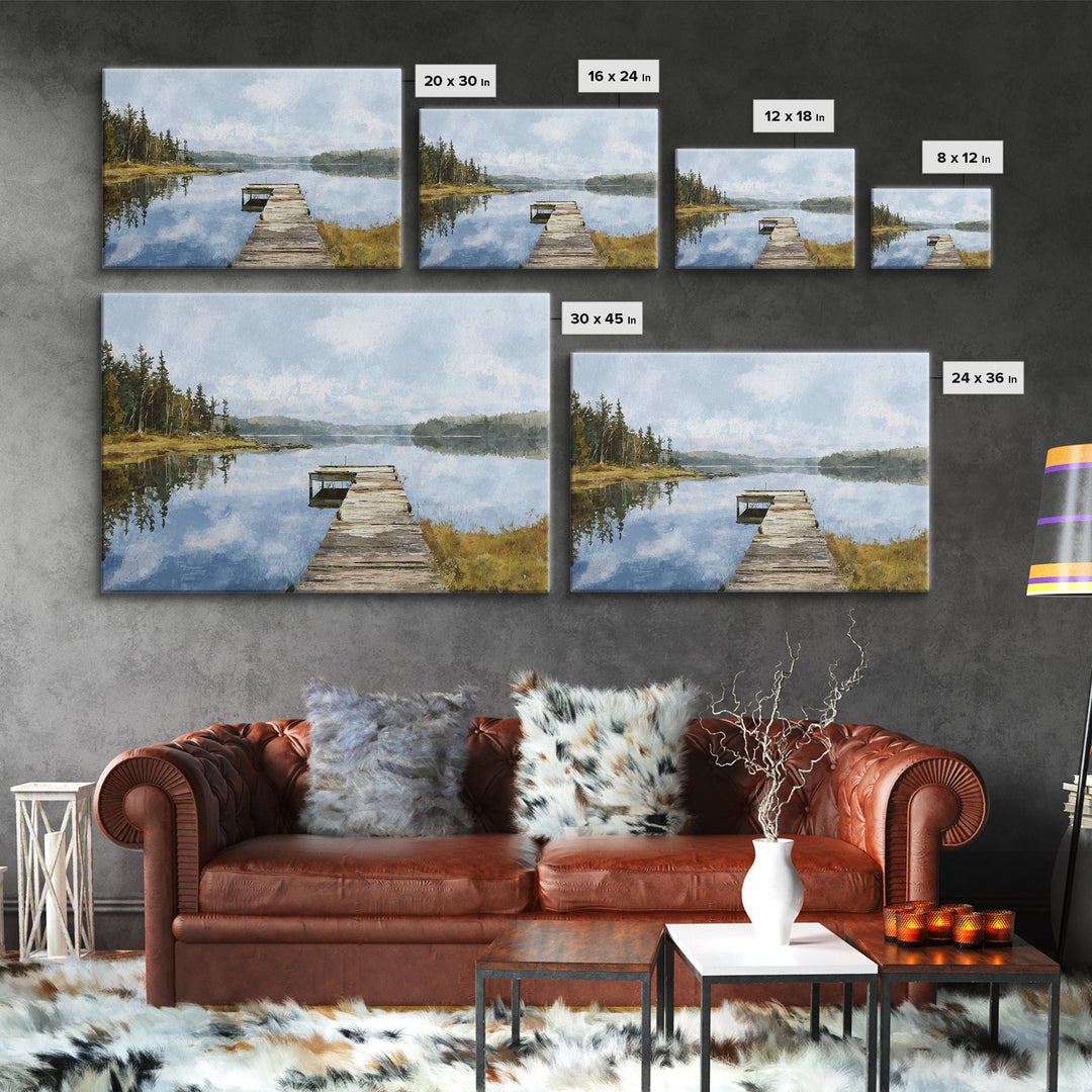 Quiet Lake Dock at Early Morning Canvas Print, Bed and Breakfast Art, Coffee Wall Art, Living Room Decor, Oil Painting, BAB-3x2-98