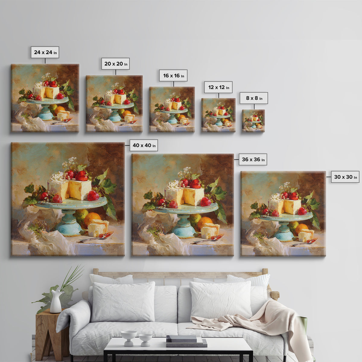 Pastel Cake Stand Framed Canvas Print, Bakery Art, Boho Decor, Bakery Decor, Oil Painting, Patisserie, Printable Wall Art, BAK-1x1-37