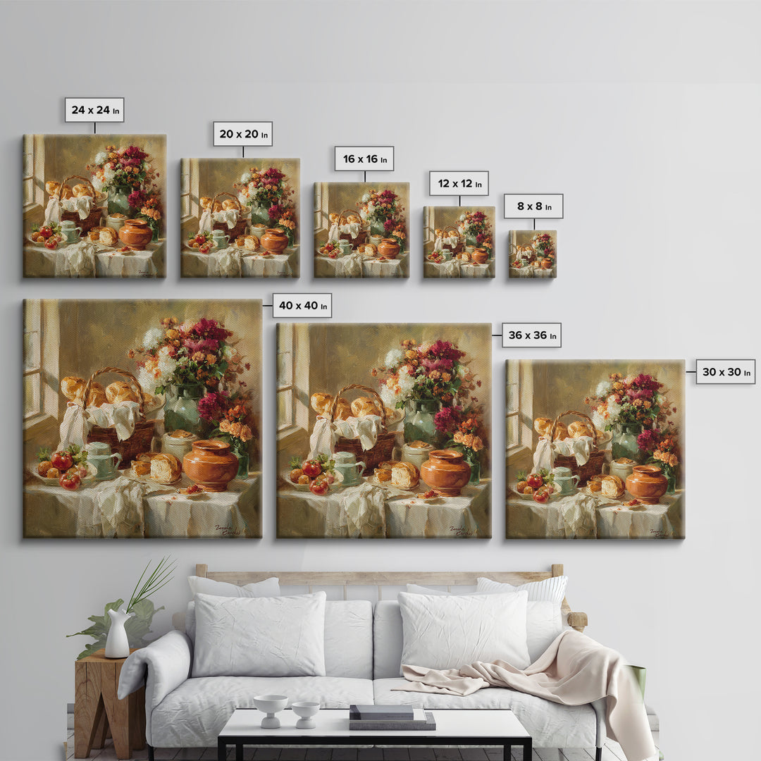 French Market Basket Filled Framed Canvas Print, Bakery Art, French Wall Art, Bakery Decor, Fine Art, Patisserie, Room Decor, BAK-1x1-42