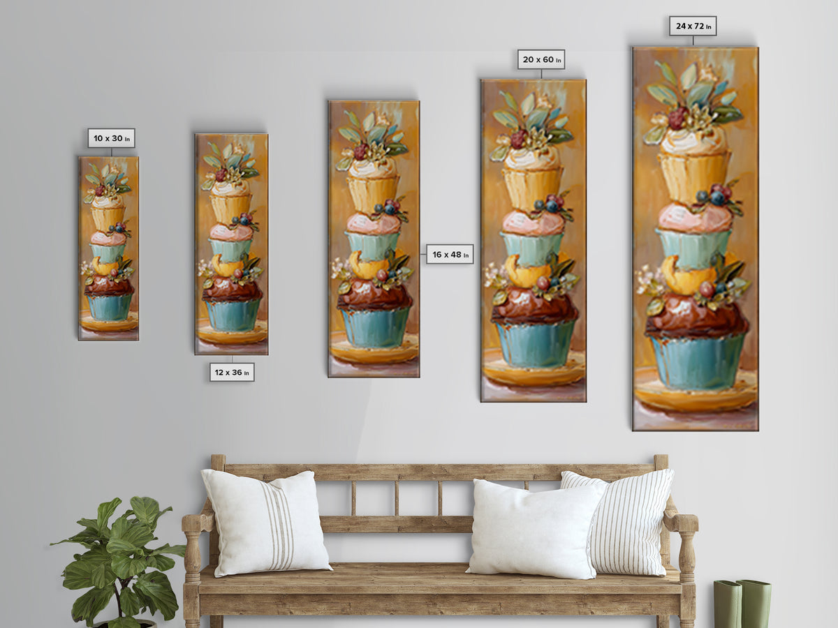 Cupcake Bouquet Painted Framed Canvas Print, Bakery Art, Kitchen Wall Decor, Bakery Decor, Patisserie, Whimsical Wall Art, BAK-1x3-19