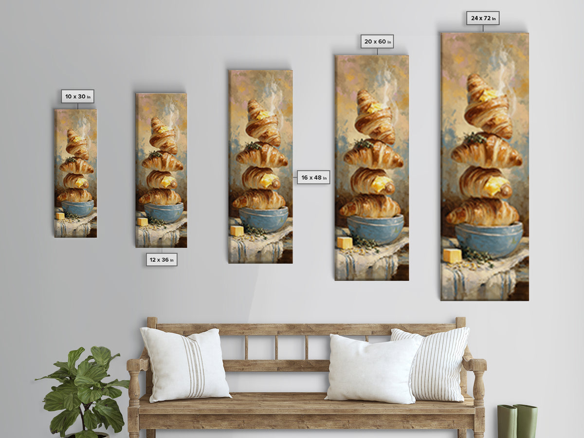 Buttery Croissants Stacked on Striped Linen Canvas Print, Bakery Art, Kitchen Art, Bakery Decor, Abstract Art, Patisserie, BAK-1x3-85