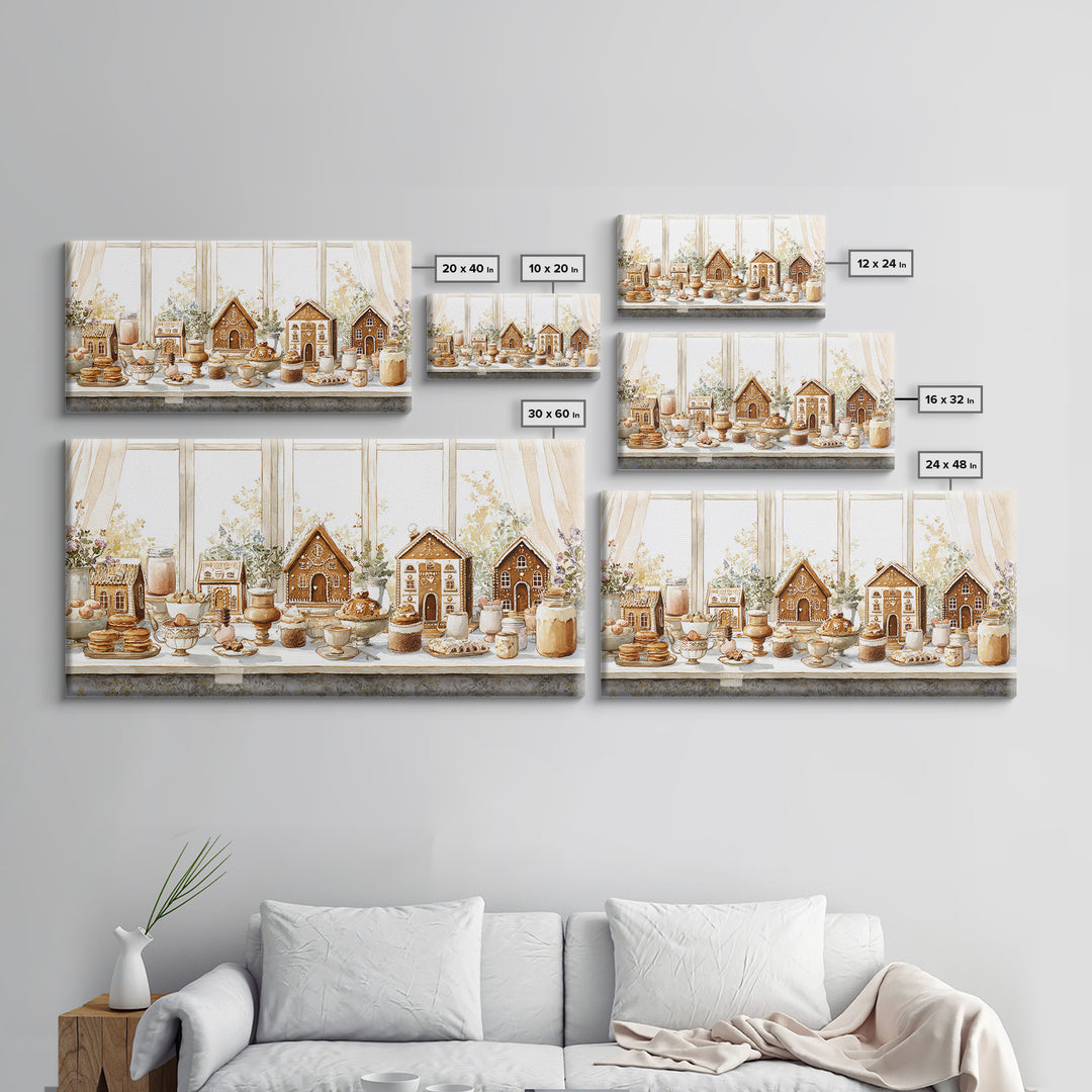 Gingerbread Houses in Charming Folk Art Style Framed Canvas Print, Bakery Art, Contemporary Art, Bakery Decor, Patisserie, BAK-2x1-10