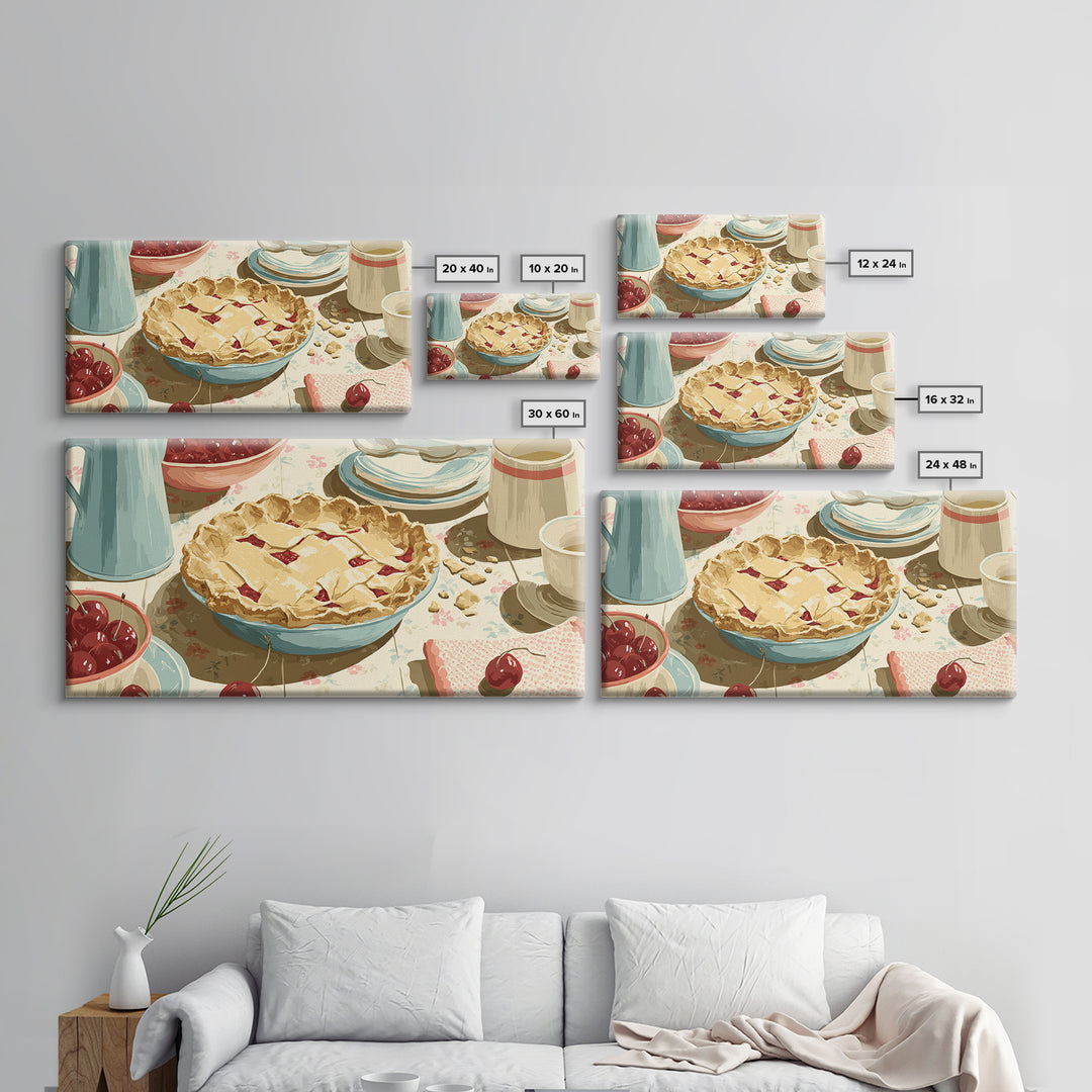 Retro Diner Pie Illustration Framed Canvas Print, Bakery Art, Room Decor, Bakery Decor, Fine Art, Patisserie, Digital Print, BAK-2x1-12