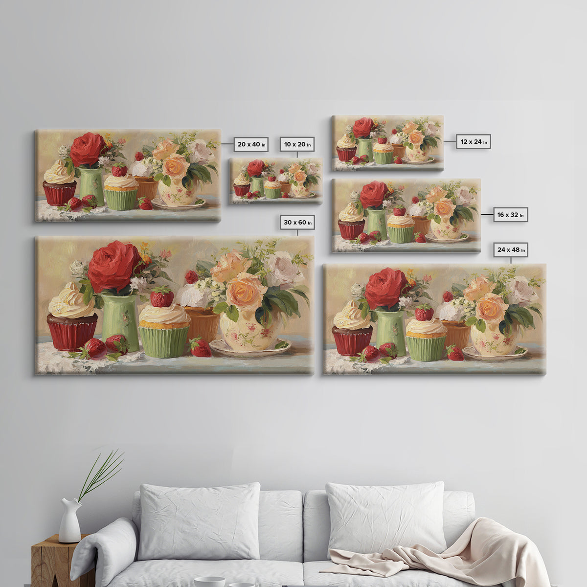 Cupcake Bouquet Painted Framed Canvas Print, Bakery Art, Boho Decor, Bakery Decor, Oil Painting, Patisserie, Printable Wall Art, BAK-2x1-27