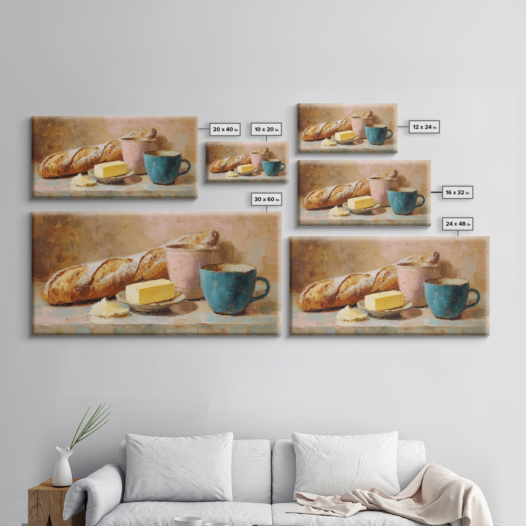 Baguette and Butter Still Life on Marble Framed Canvas Print, Bakery Art, Contemporary Art, Bakery Decor, Fine Art, Patisserie, BAK-2x1-28