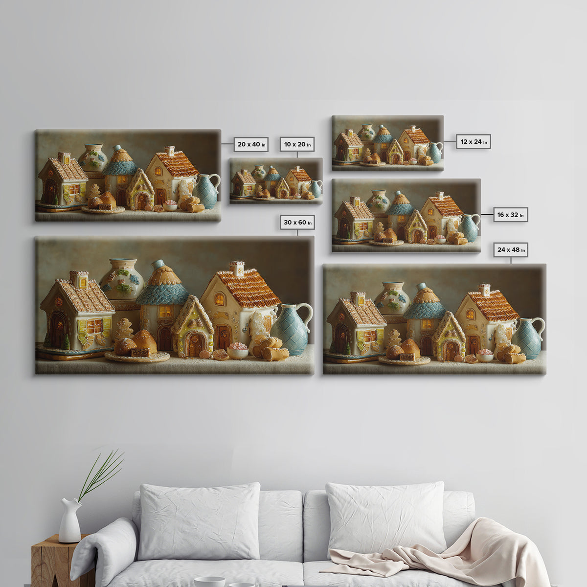 Gingerbread Houses in Charming Folk Art Style Framed Canvas Print, Bakery Art, Contemporary Art, Bakery Decor, Patisserie, BAK-2x1-34