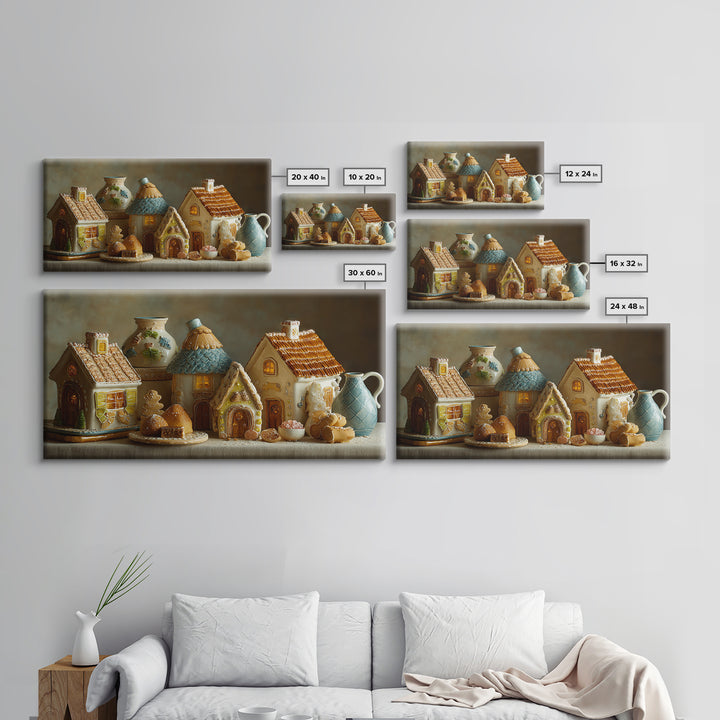 Gingerbread Houses in Charming Folk Art Style Framed Canvas Print, Bakery Art, Contemporary Art, Bakery Decor, Patisserie, BAK-2x1-34