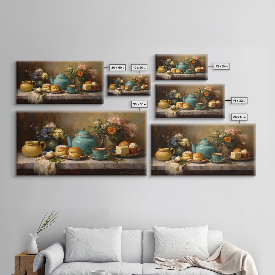 Tea and Scone Arrangement Framed Canvas Print, Bakery Art, Wall Decor, Bakery Decor, Fine Art, Patisserie, Kitchen Prints, BAK-2x1-40