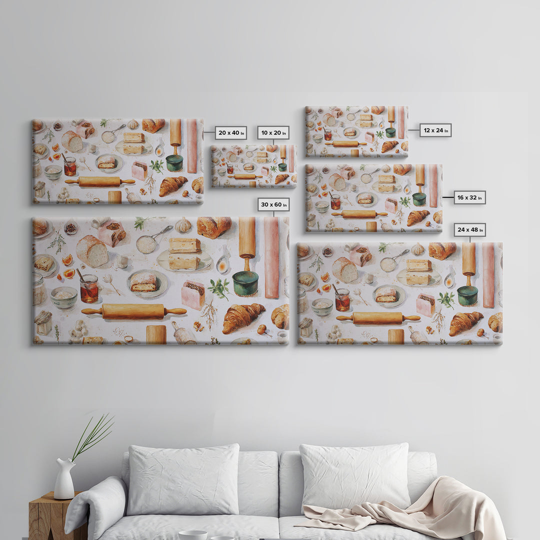 Patisserie Pattern of Rolling Pins and Pastries Canvas Print, Bakery Art, Kitchen Decor, Bakery Decor, Fine Art, Patisserie, BAK-2x1-41