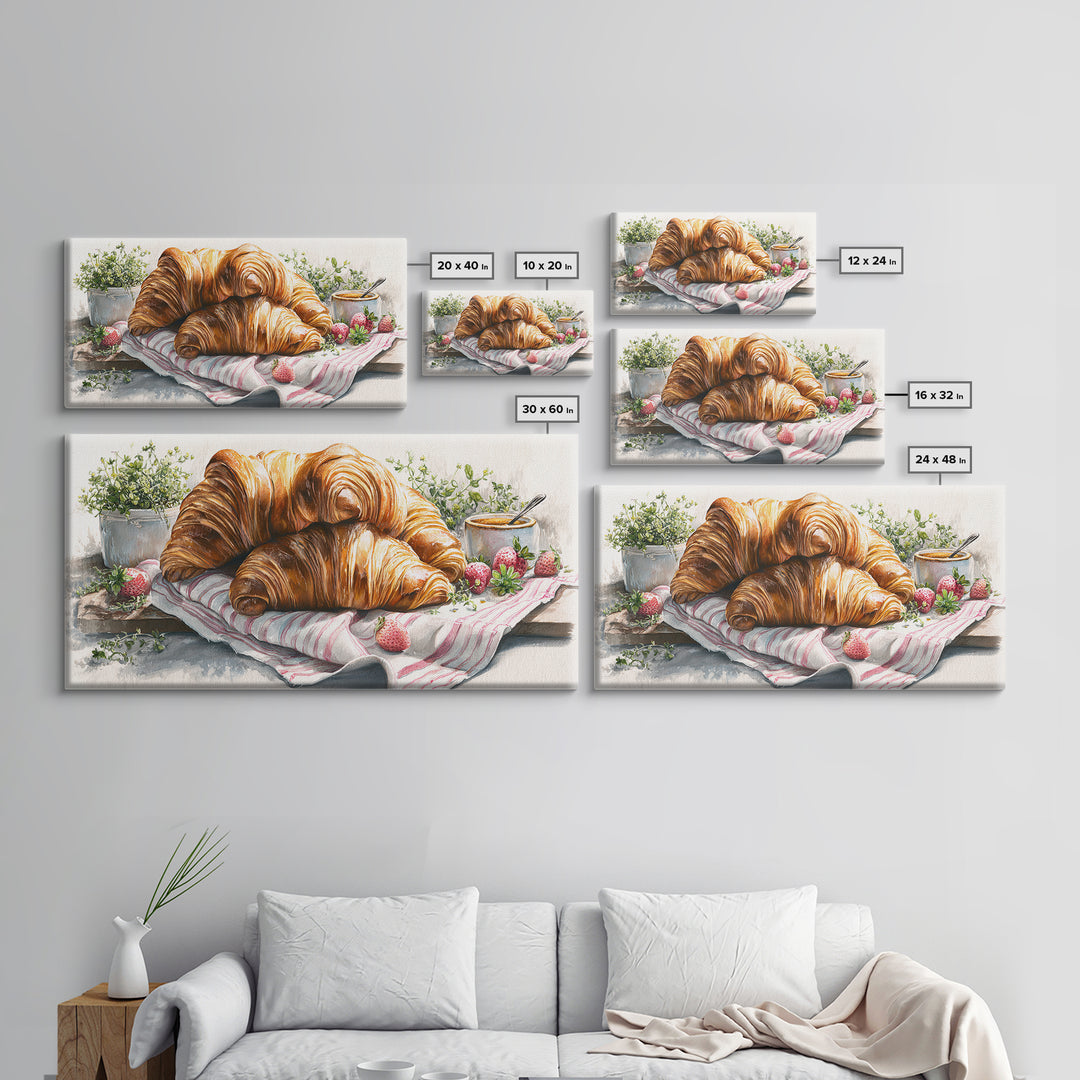 Buttery Croissants Stacked on Striped Linen Framed Canvas Print, Bakery Art, Kitchen Wall Decor, Bakery Decor, Patisserie, BAK-2x1-45