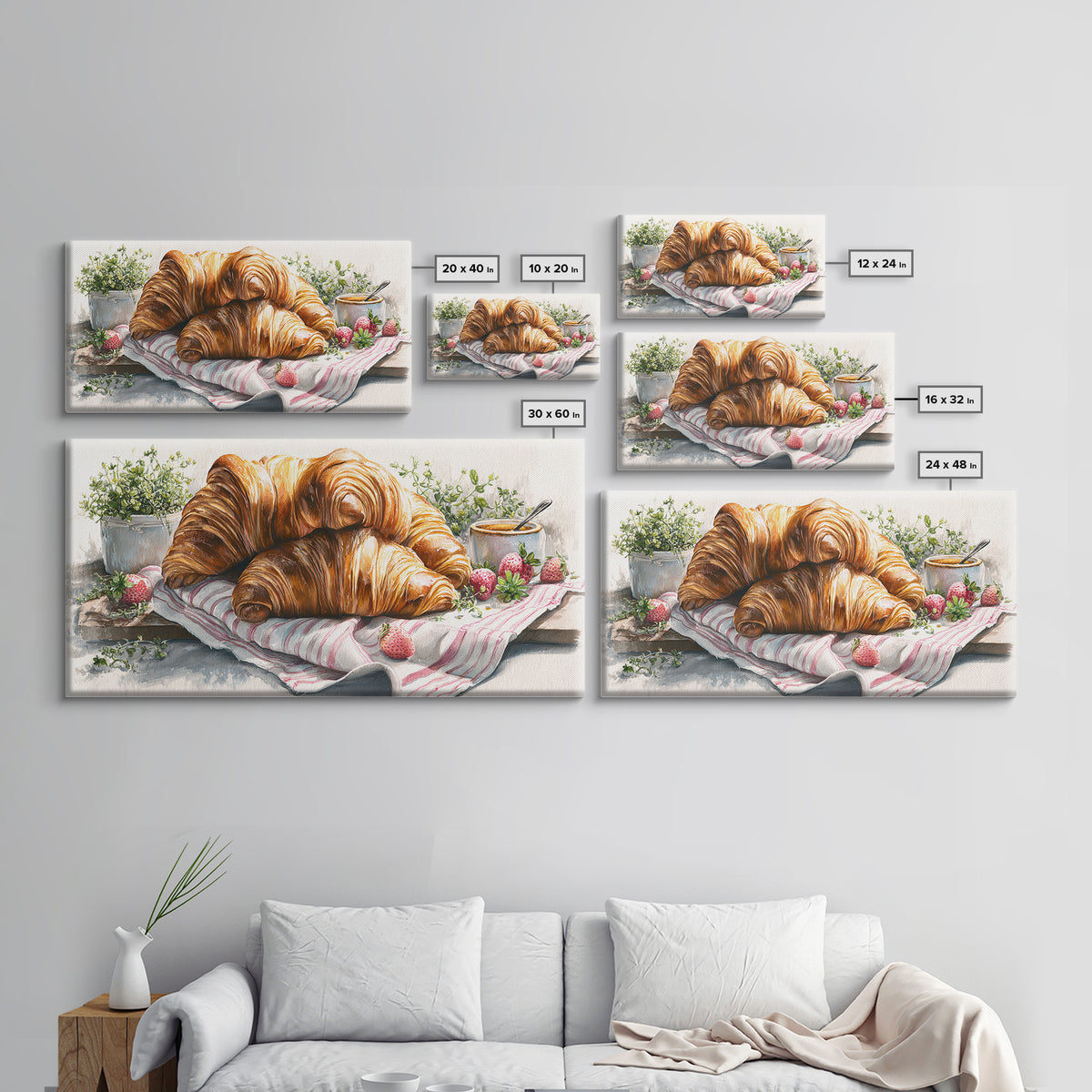 Buttery Croissants Stacked on Striped Linen Framed Canvas Print, Bakery Art, Kitchen Wall Decor, Bakery Decor, Patisserie, BAK-2x1-45