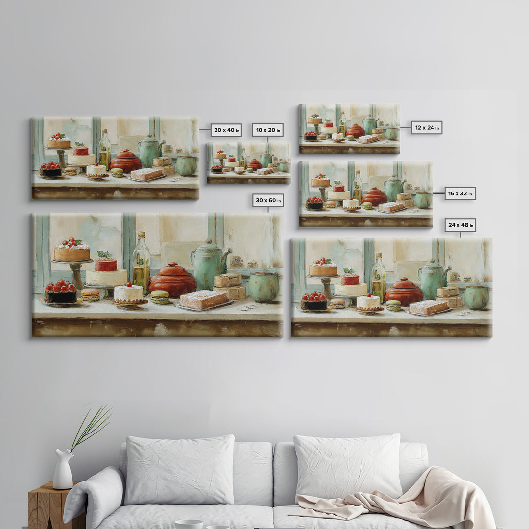 French Patisserie Window Display of Pastel Pastries Framed Canvas Print, Bakery Art, Wall Decor, Bakery Decor, Patisserie, BAK-2x1-46