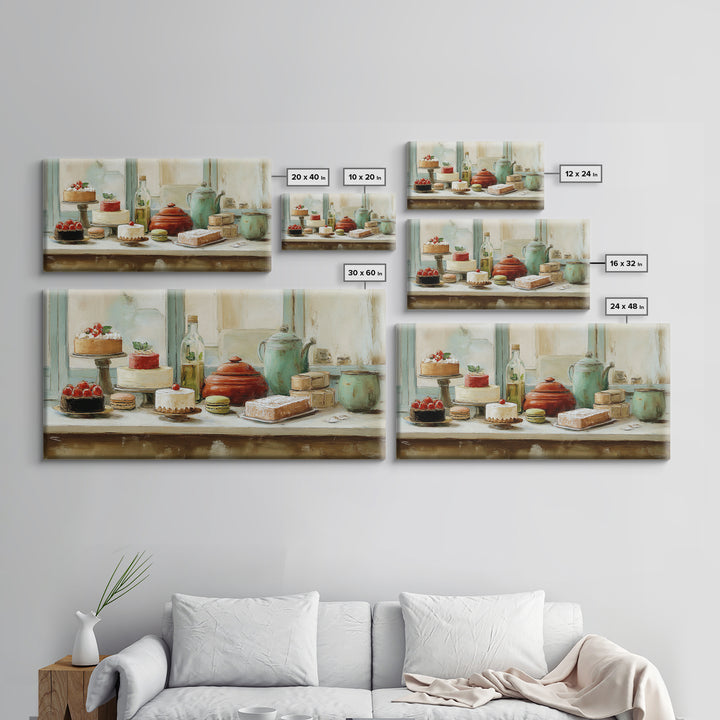 French Patisserie Window Display of Pastel Pastries Framed Canvas Print, Bakery Art, Wall Decor, Bakery Decor, Patisserie, BAK-2x1-46