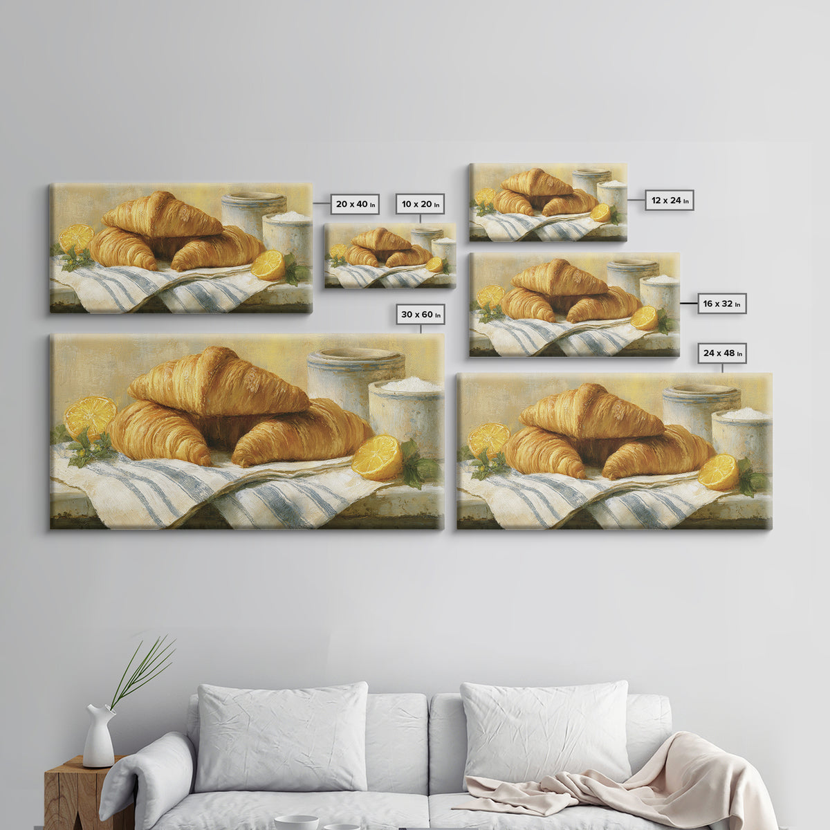 Buttery Croissants Stacked on Striped Linen Canvas Print, Bakery Art, Colorful Wall Art, Bakery Decor, Abstract Art, Patisserie, BAK-2x1-69