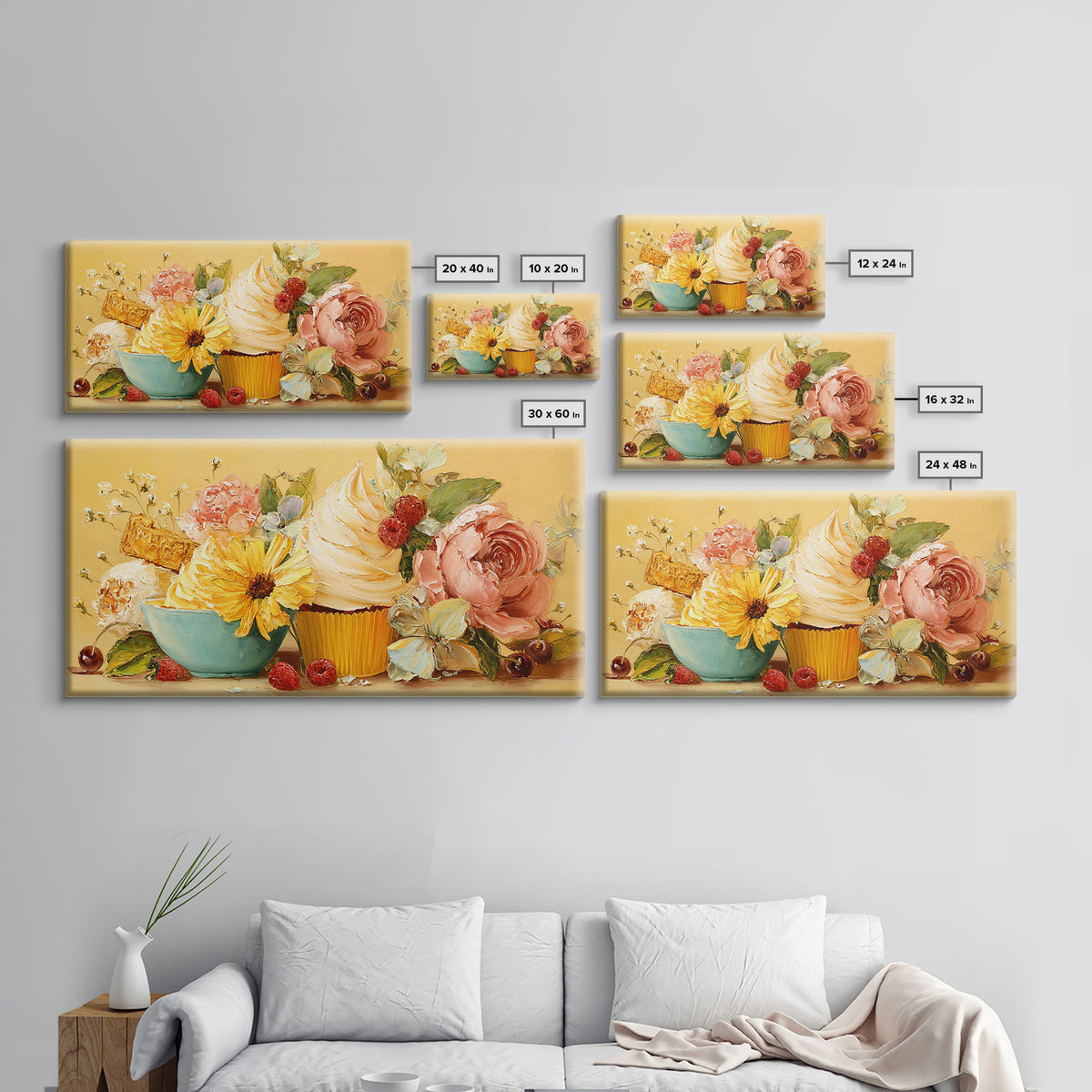 Cupcake Bouquet Painted Framed Canvas Print, Bakery Art, Room Decor, Bakery Decor, Fine Art, Patisserie, Digital Print, BAK-2x1-75