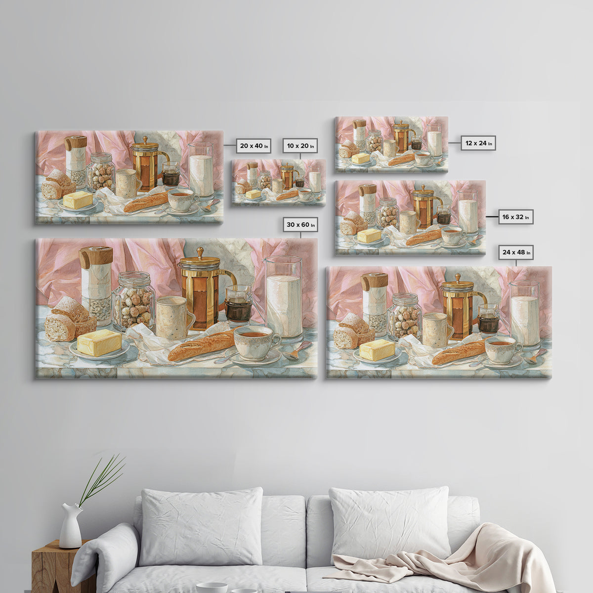 Baguette and Butter Still Life on Marble Canvas Print, Bakery Art, Kitchen Print, Bakery Decor, Fine Art, Patisserie, BAK-2x1-76