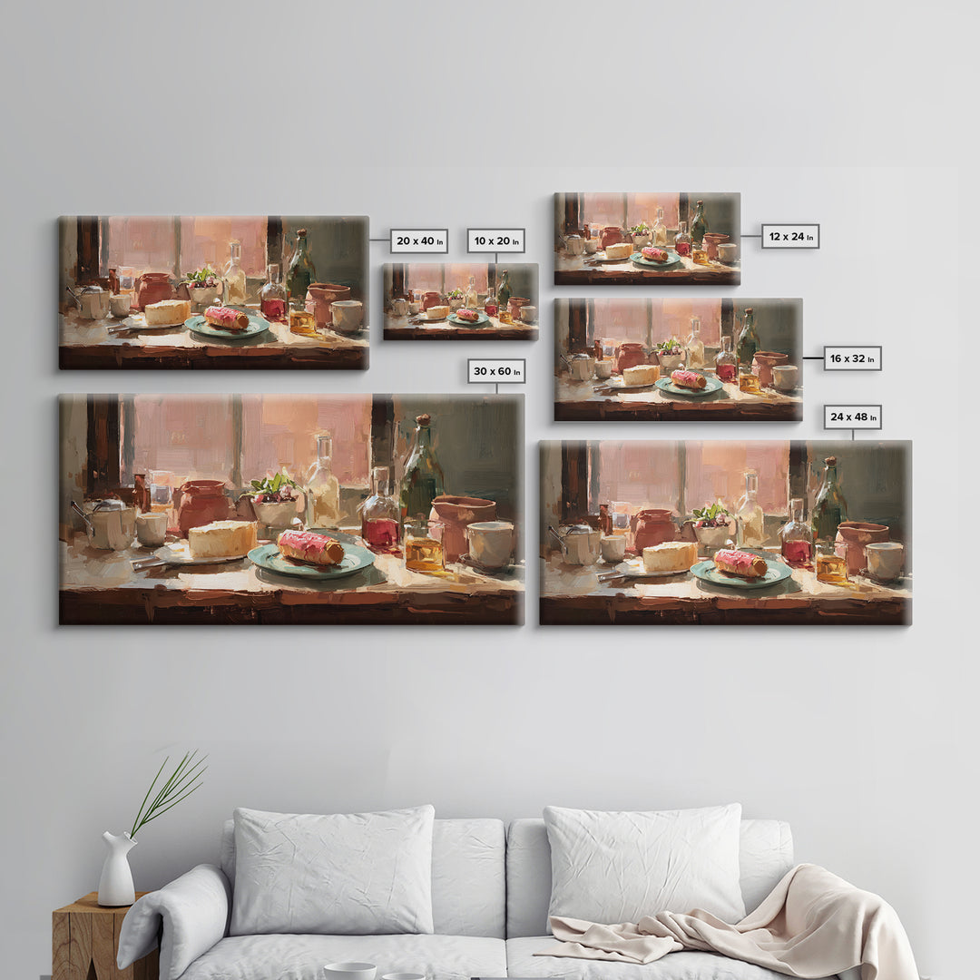 Painterly Eclair and Coffee Still Life Framed Canvas Print, Bakery Art, Coffee Wall Art, Bakery Decor, Fine Art, Patisserie, BAK-2x1-80