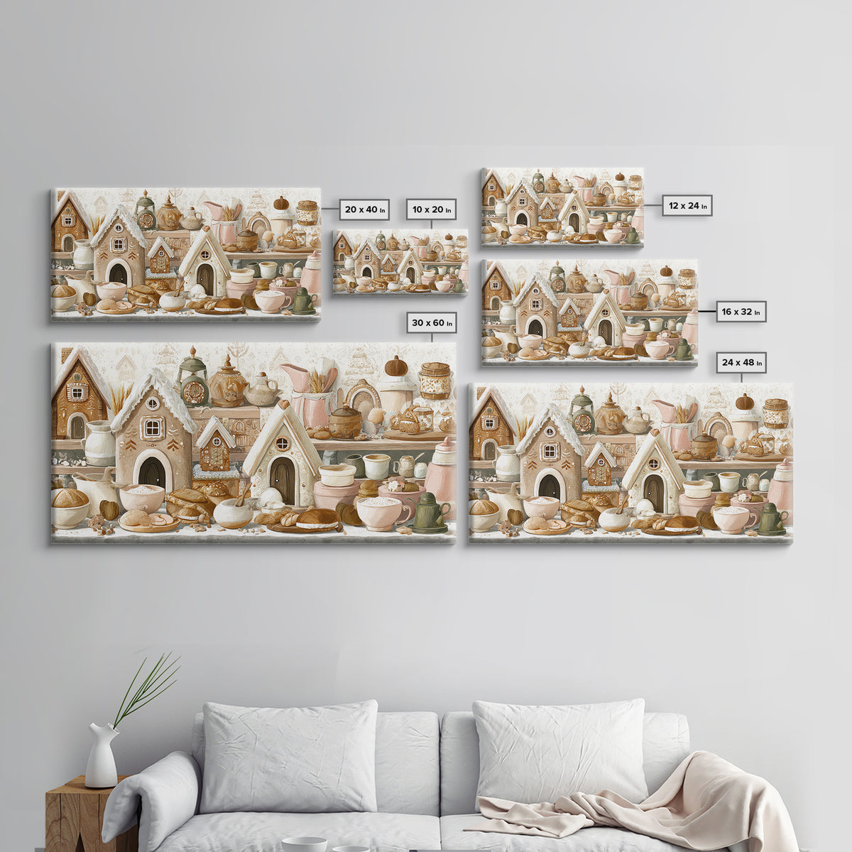 Gingerbread Houses in Charming Folk Art Style Canvas Print, Bakery Art, Printable Wall Art, Bakery Decor, Fine Art, Patisserie, BAK-2x1-82