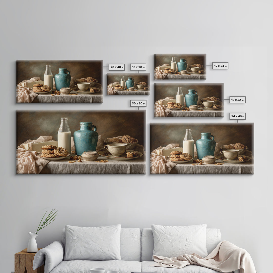 Milk Bottle and Cookies Nostalgic Still Life Framed Canvas Print, Bakery Art, Kitchen Wall Art, Bakery Decor, Oil Painting, BAK-2x1-90