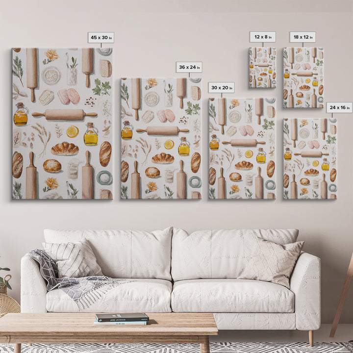 Patisserie Pattern of Rolling Pins and Pastries Canvas Print, Bakery Art, Printable Art, Bakery Decor, Watercolor Art, BAK-2x3-29