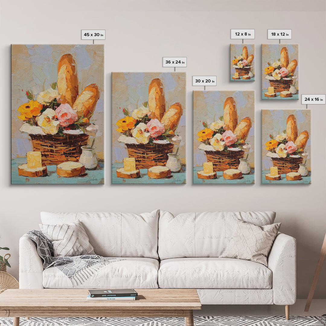 French Market Basket Filled Canvas Print, Bakery Art, Print, Bakery Decor, Oil Painting, Patisserie, Food Art, Kitchen Print, BAK-2x3-50