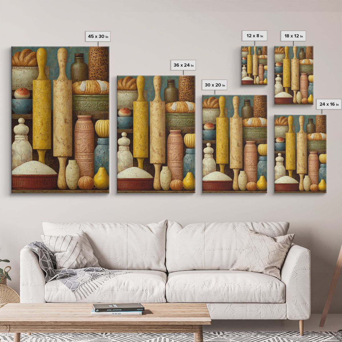 Patisserie Pattern of Rolling Pins and Pastries Framed Canvas Print, Bakery Art, Kitchen Prints, Bakery Decor, Oil Painting, BAK-2x3-53