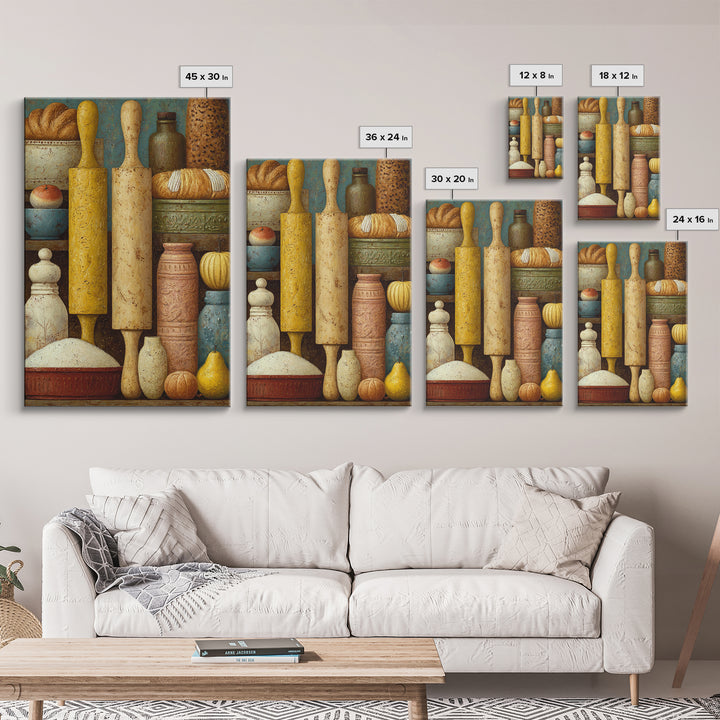 Patisserie Pattern of Rolling Pins and Pastries Framed Canvas Print, Bakery Art, Kitchen Prints, Bakery Decor, Oil Painting, BAK-2x3-53