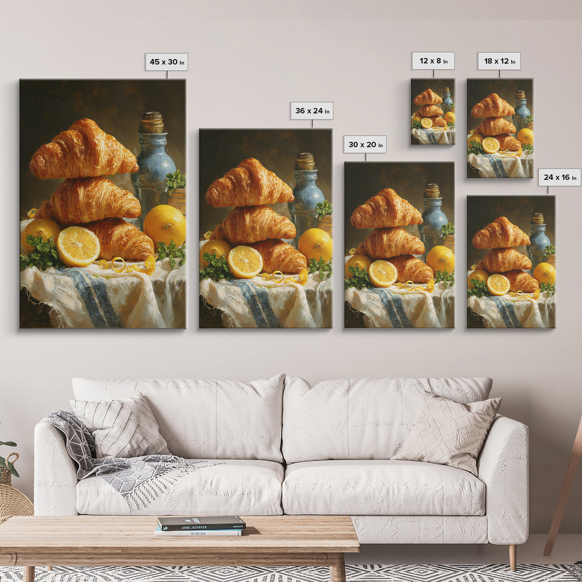 Buttery Croissants Stacked on Striped Linen Canvas Print, Bakery Art, Watercolor Print, Bakery Decor, Fine Art, Patisserie, BAK-2x3-57