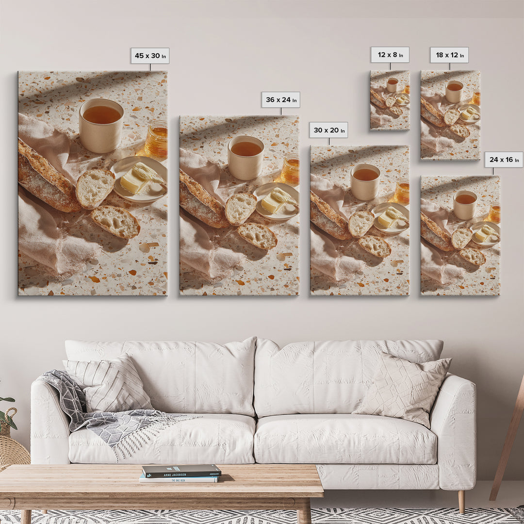 Baguette and Butter Still Life on Marble Framed Canvas Print, Bakery Art, Printable Wall Art, Bakery Decor, Patisserie, BAK-2x3-64