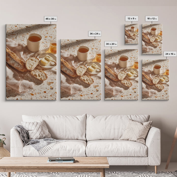 Baguette and Butter Still Life on Marble Framed Canvas Print, Bakery Art, Printable Wall Art, Bakery Decor, Patisserie, BAK-2x3-64