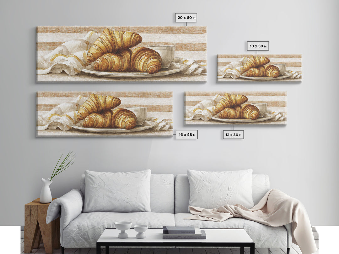 Buttery Croissants Stacked on Striped Linen Framed Canvas Print, Bakery Art, Dining Room Art, Bakery Decor, Abstract Art, BAK-3x1-17