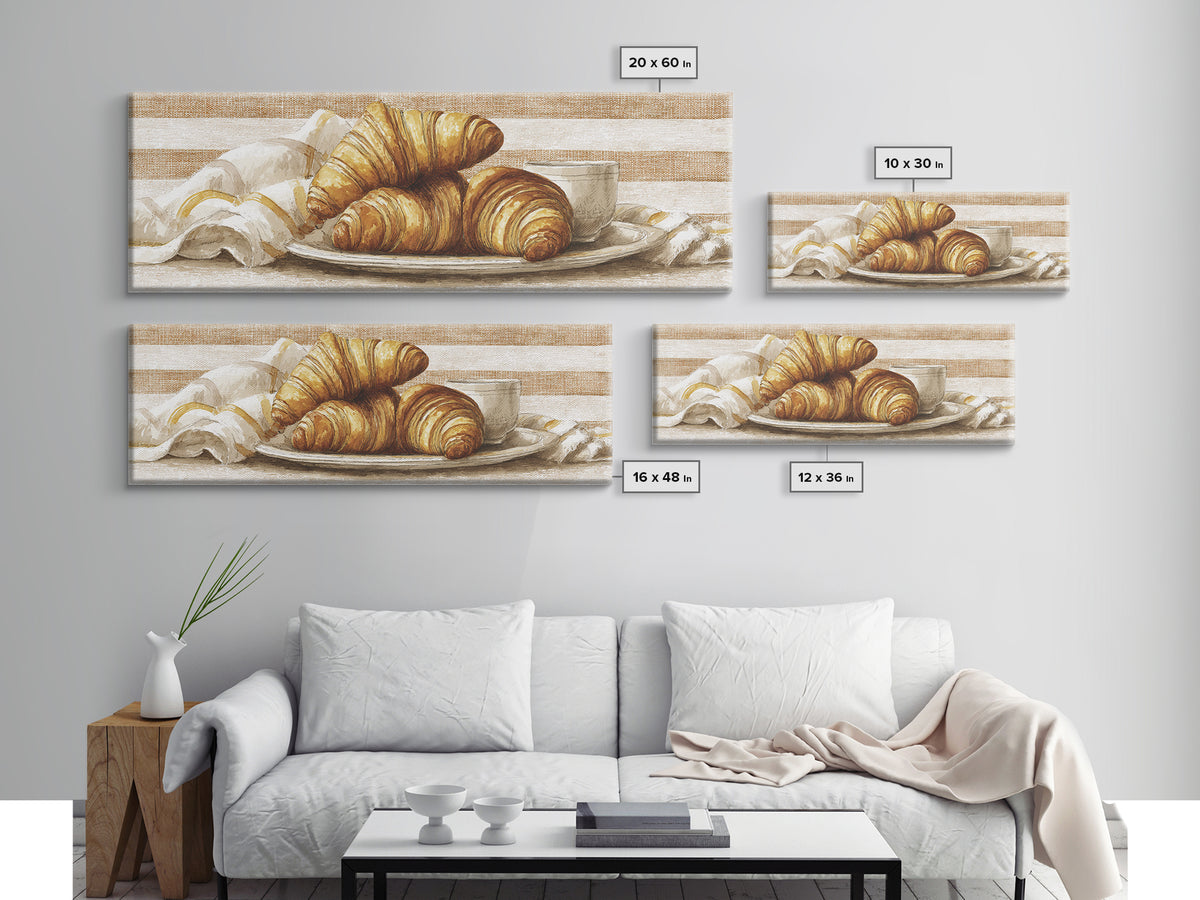 Buttery Croissants Stacked on Striped Linen Framed Canvas Print, Bakery Art, Dining Room Art, Bakery Decor, Abstract Art, BAK-3x1-17