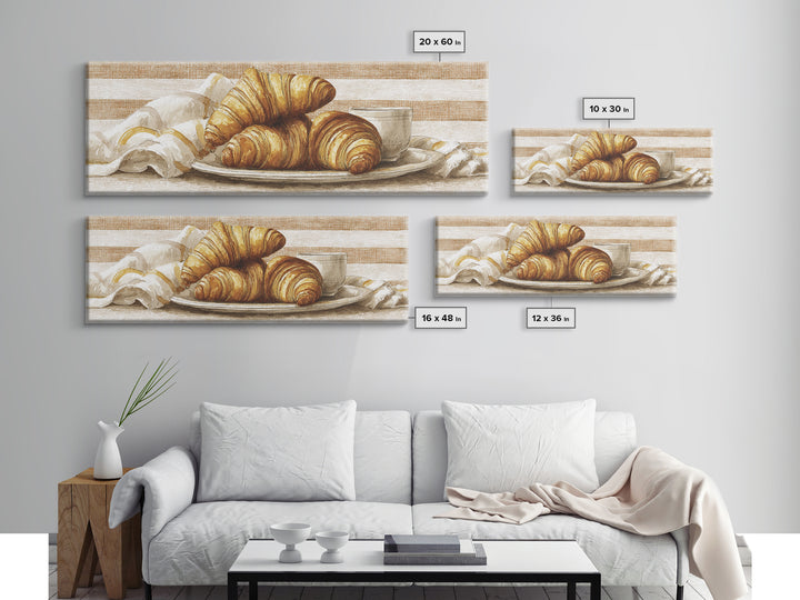 Buttery Croissants Stacked on Striped Linen Framed Canvas Print, Bakery Art, Dining Room Art, Bakery Decor, Abstract Art, BAK-3x1-17