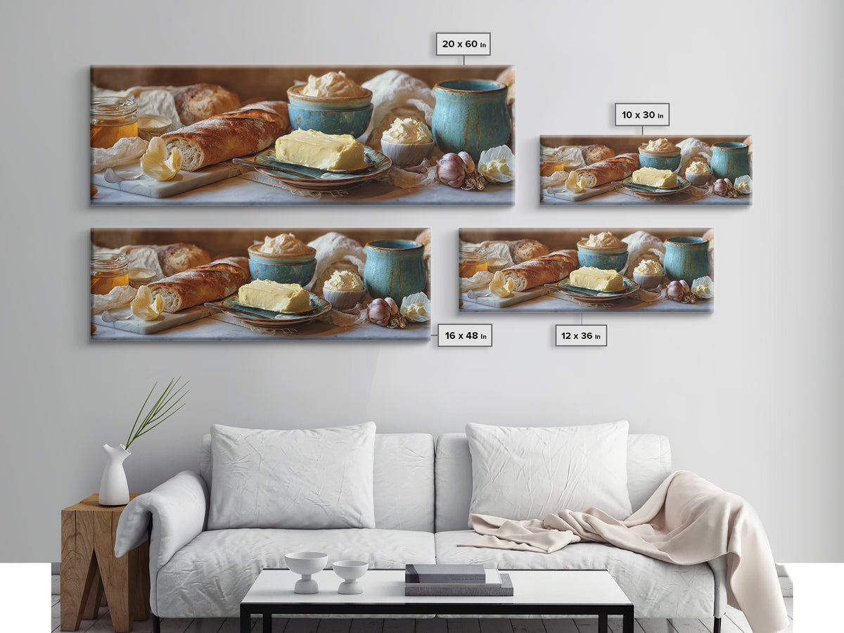 Baguette and Butter Still Life on Marble Framed Canvas Print, Bakery Art, Wall Decor, Bakery Decor, Fine Art, Patisserie, BAK-3x1-72