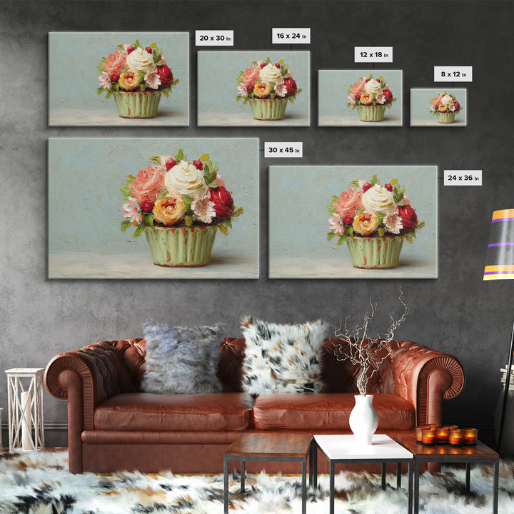 Cupcake Bouquet Painted Framed Canvas Print, Bakery Art, Kitchen Wall Art, Bakery Decor, Oil Painting, Patisserie, BAK-3x2-59