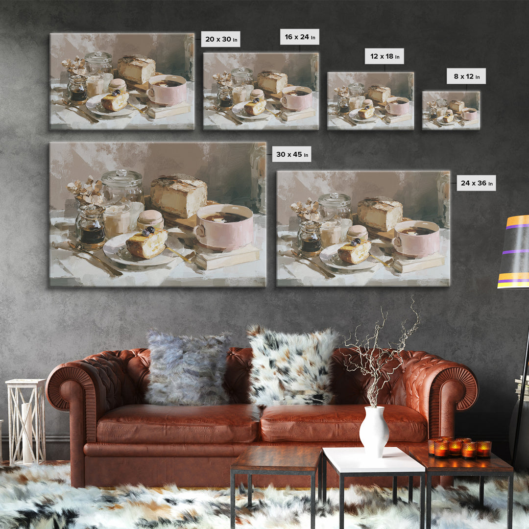 Painterly Eclair and Coffee Still Life Framed Canvas Print, Bakery Art, Bakery Decor, Abstract Art, Patisserie, BAK-3x2-64